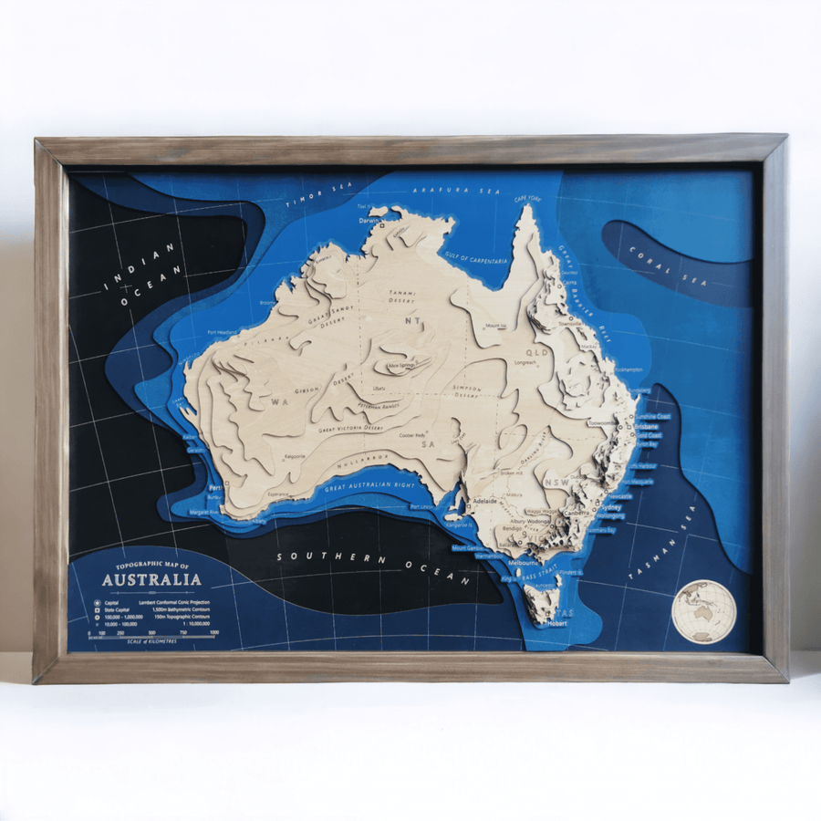 Australia Contour Map Art showing topography and bathymetry