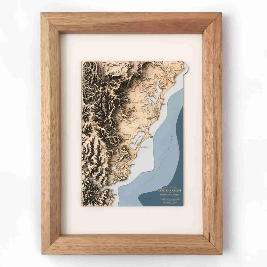 Central Coast NSW wooden map art in an oak frame, a carved 3D topographic map