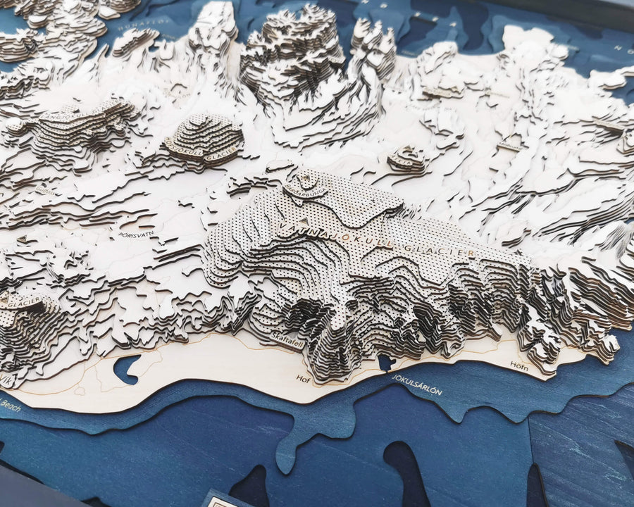 3d wooden map art of iceland showing vatnajokull glacier and the surrounding hinterland of iceland