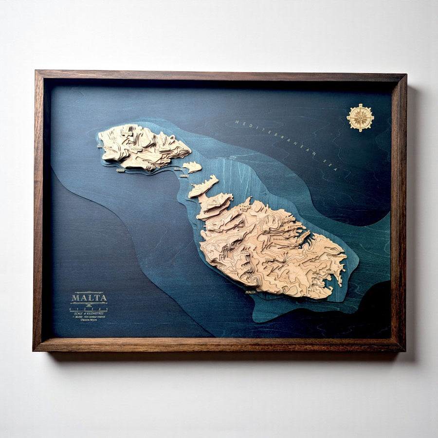 Framed topographic map of Malta with wooden relief and blue background