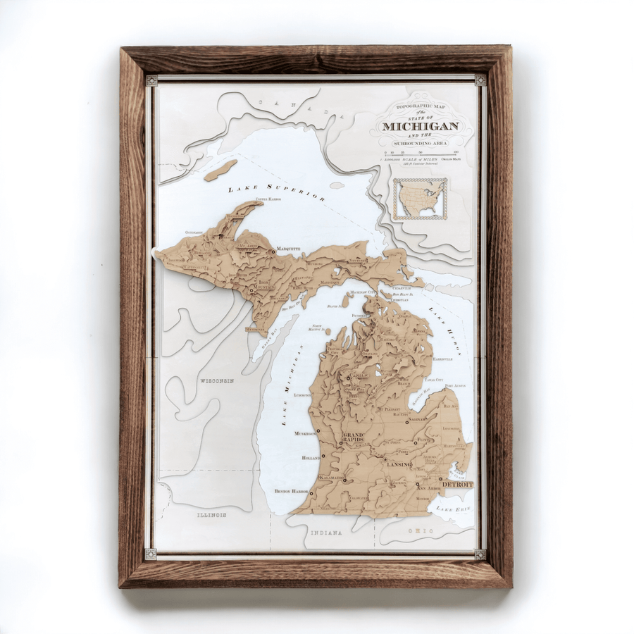Michigan state USA wooden topographic contour map