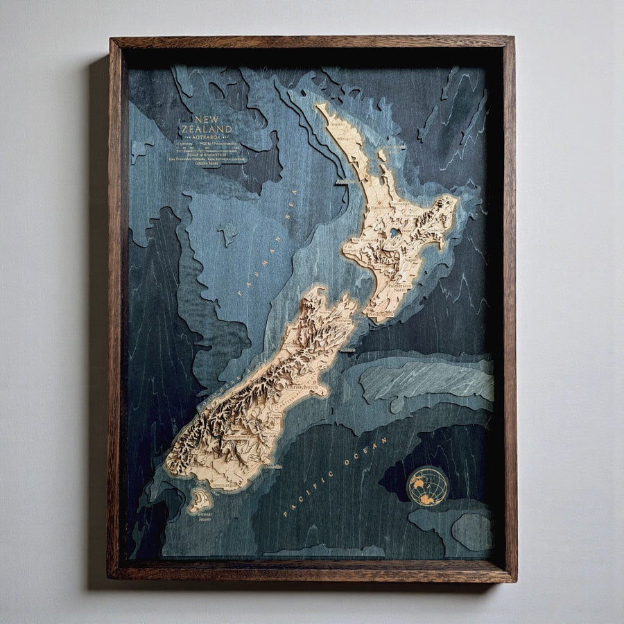 Wooden 3D map of New Zealand