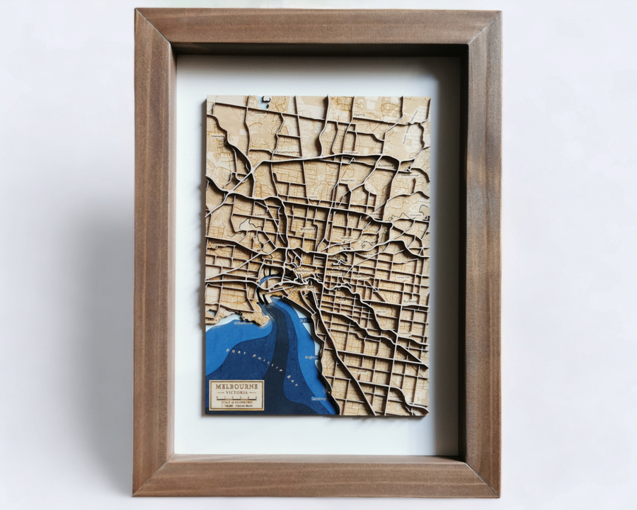 Melbourne wooden map art in an oak frame, a carved 3D topographic map