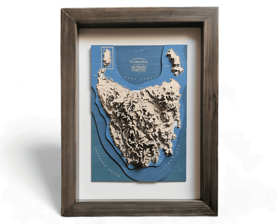 Tasmania Wooden Topographic Contour Map Art in a black frame