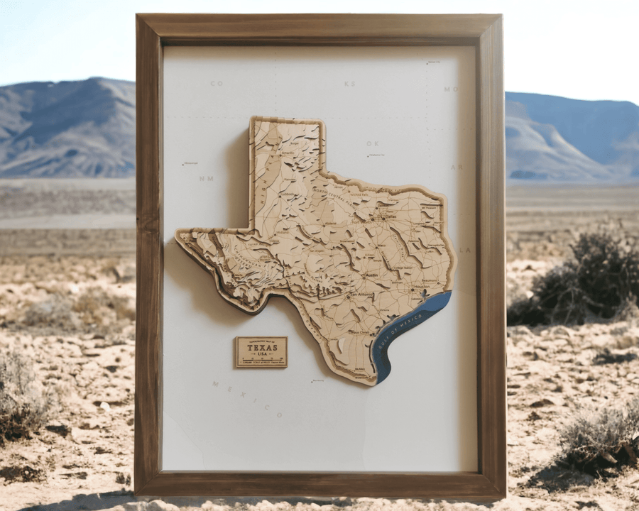 Wooden contour map art of texas in a wooden frame sitting in the texas desert