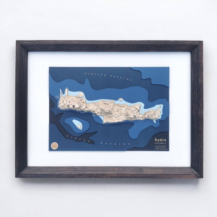 framed map art of crete of greece in vivid blues
