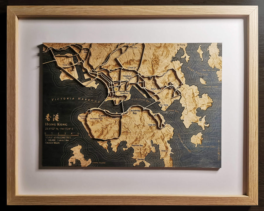 Hong Kong wooden map art from the side, showing the carved 3D layers