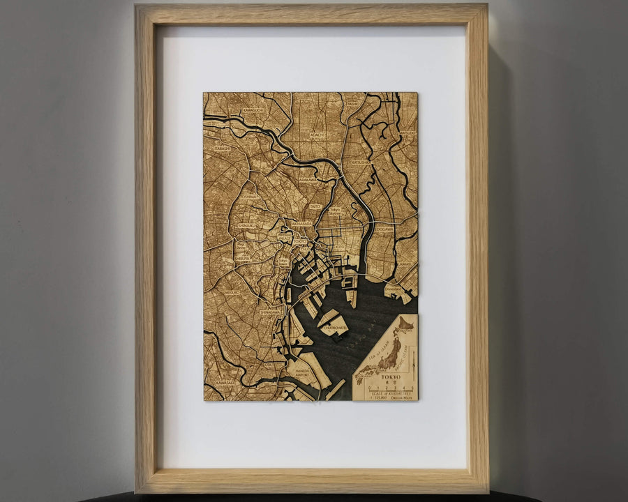 Tokyo wooden map art from the side, showing the carved 3D layers