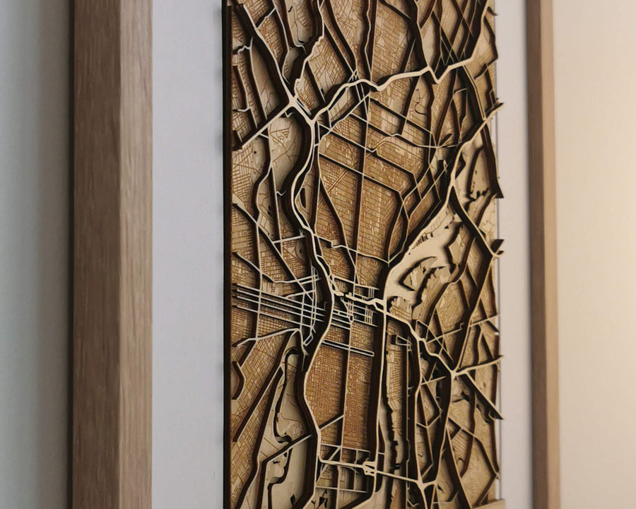 Philadelphia wooden map art from the side, showing the carved 3D layers