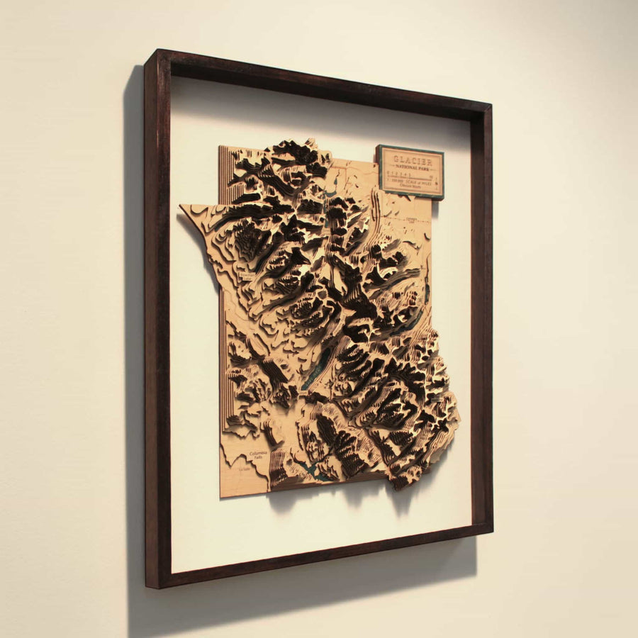 Glacier National Park wooden map art, close-up of Columbia Falls