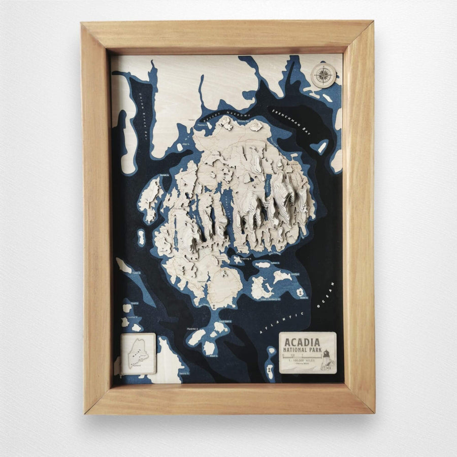 Acadia National Park Wooden Topographic Contour Map Featuring the Bays and rivers in a maple frame