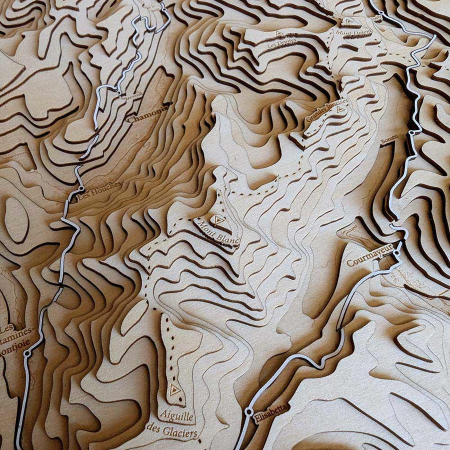 Mont Blanc as seen on a 3d topographic wooden map