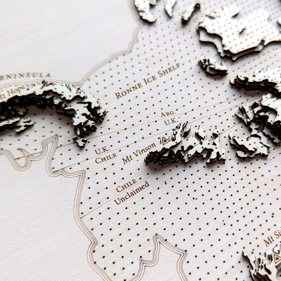 Wooden wall map of Antarctica featuring Ronne Ice Shelf