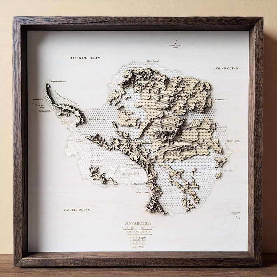 Framed map of Antarctica on a beige wall