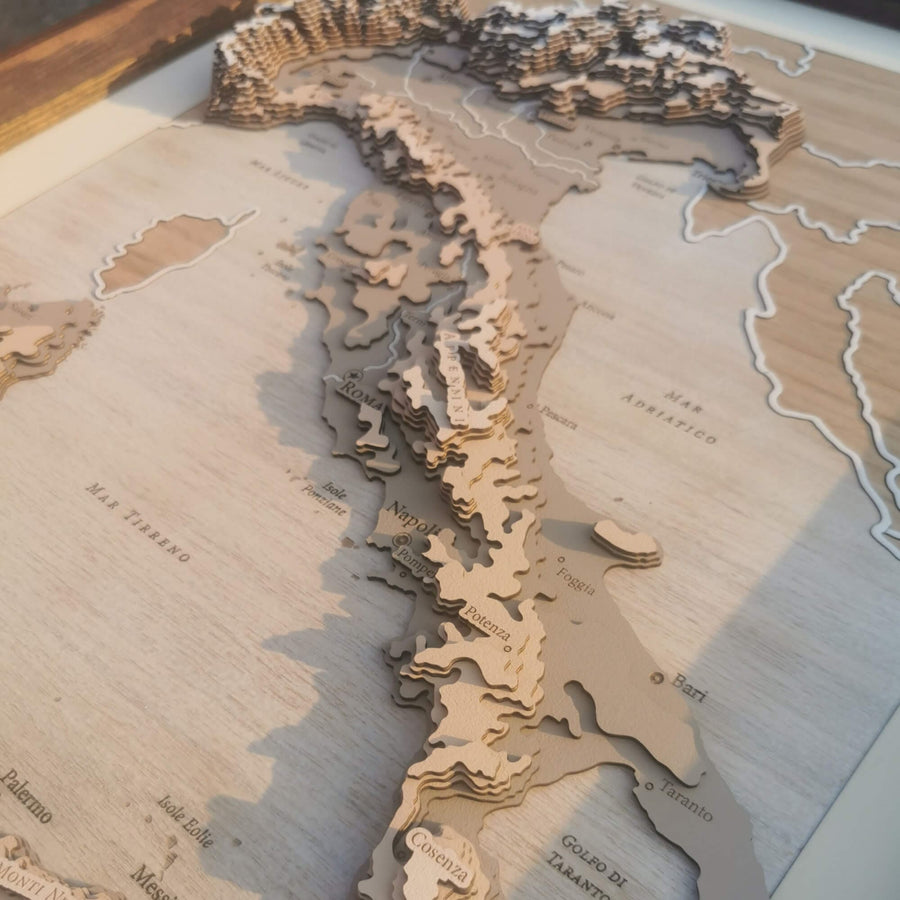 Appennini Mountains of Italy as shown on a wooden topographic contour map