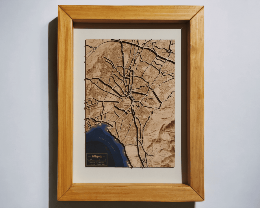 Athens wooden map art from the side, showing the carved 3D layers