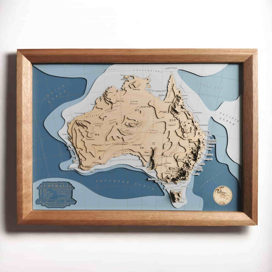 Australian 3d layer map art in a wooden frame