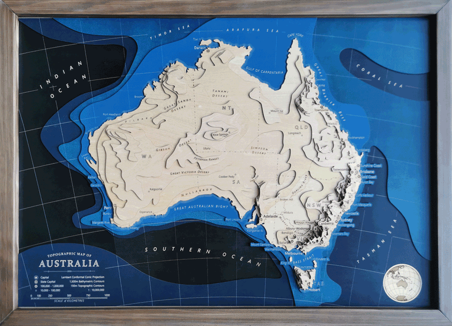 Australia Contour Map Gift Shifting Shadows day and night