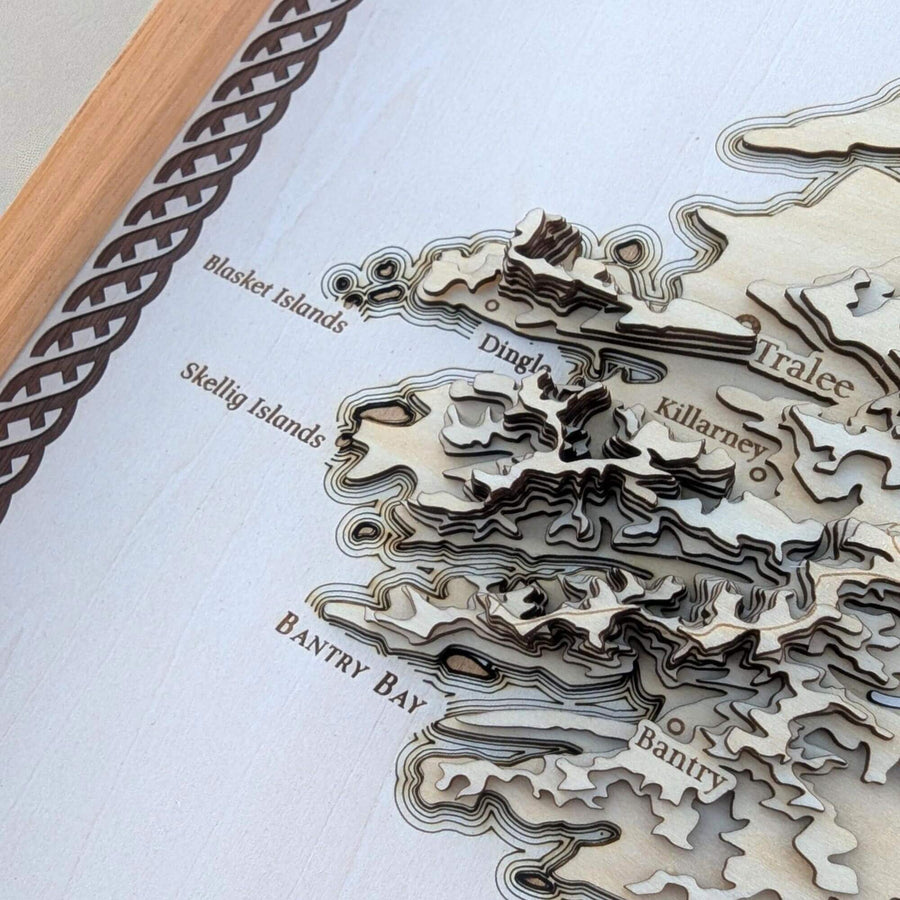3D topographic map of Ireland with cut-out regions on a white background