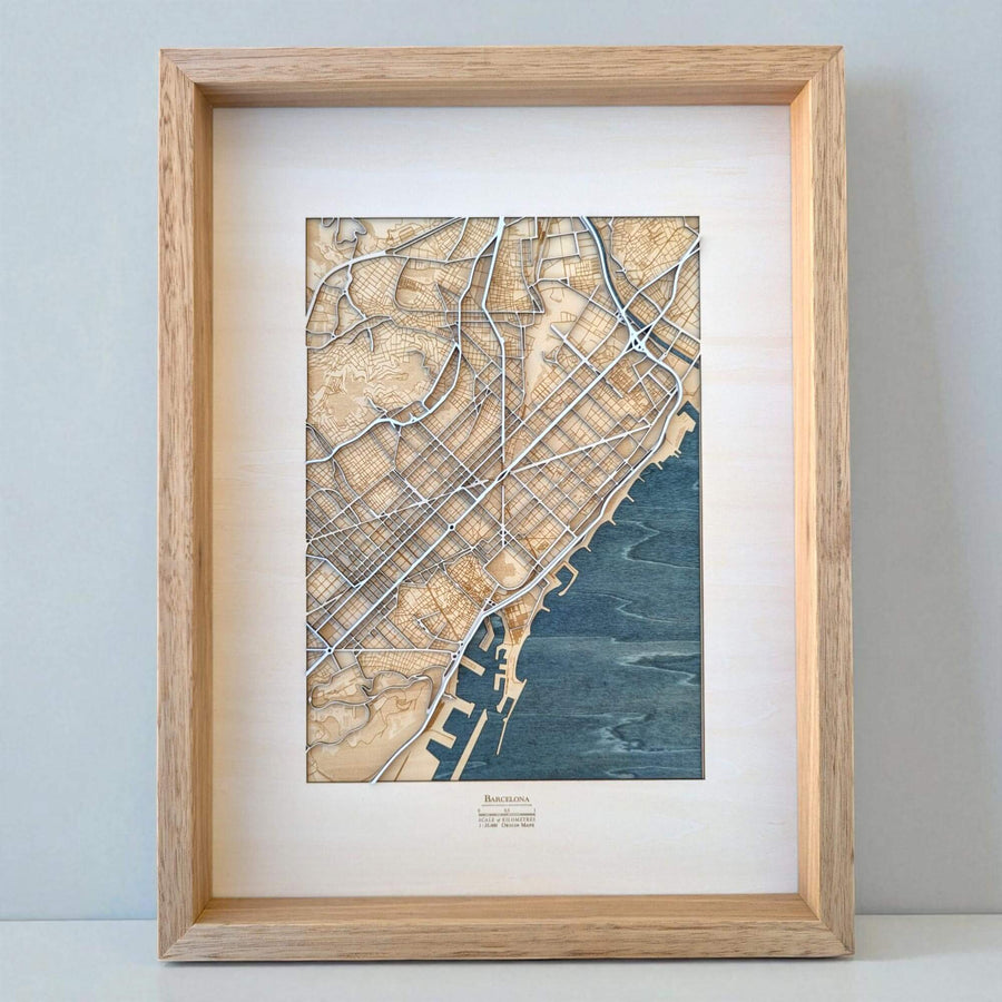 Framed Wooden Map art of Barcelona