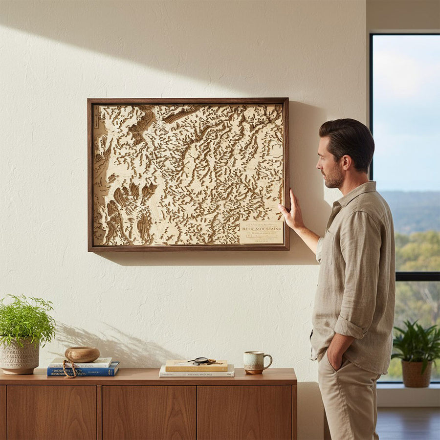 Lifestyle living room shot of a framed wooden map