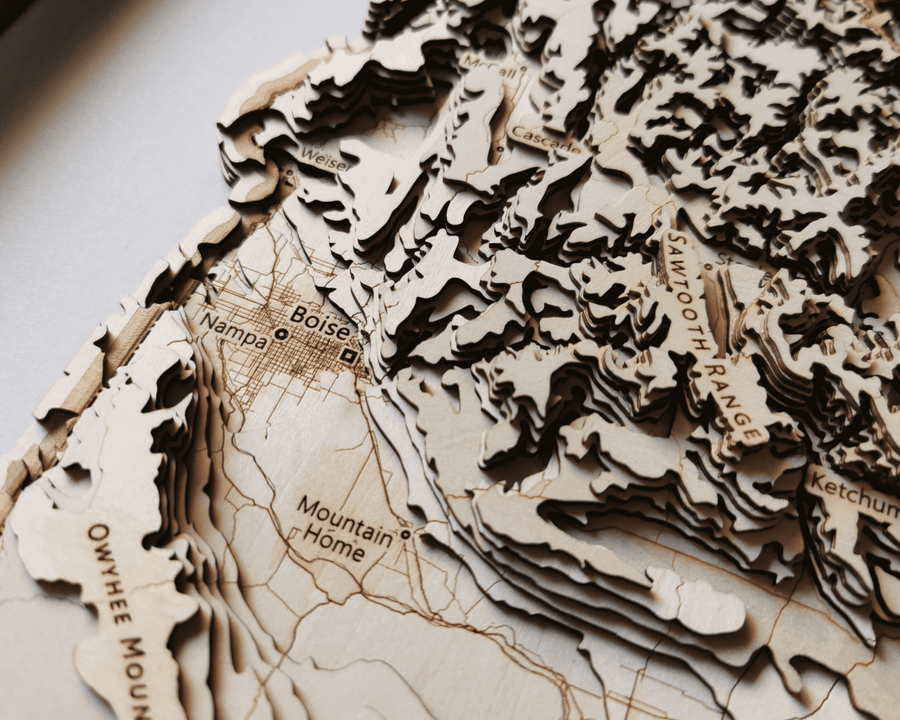 Wood contour map art of Boise, Nampa and Mountain Home of Idaho, USA