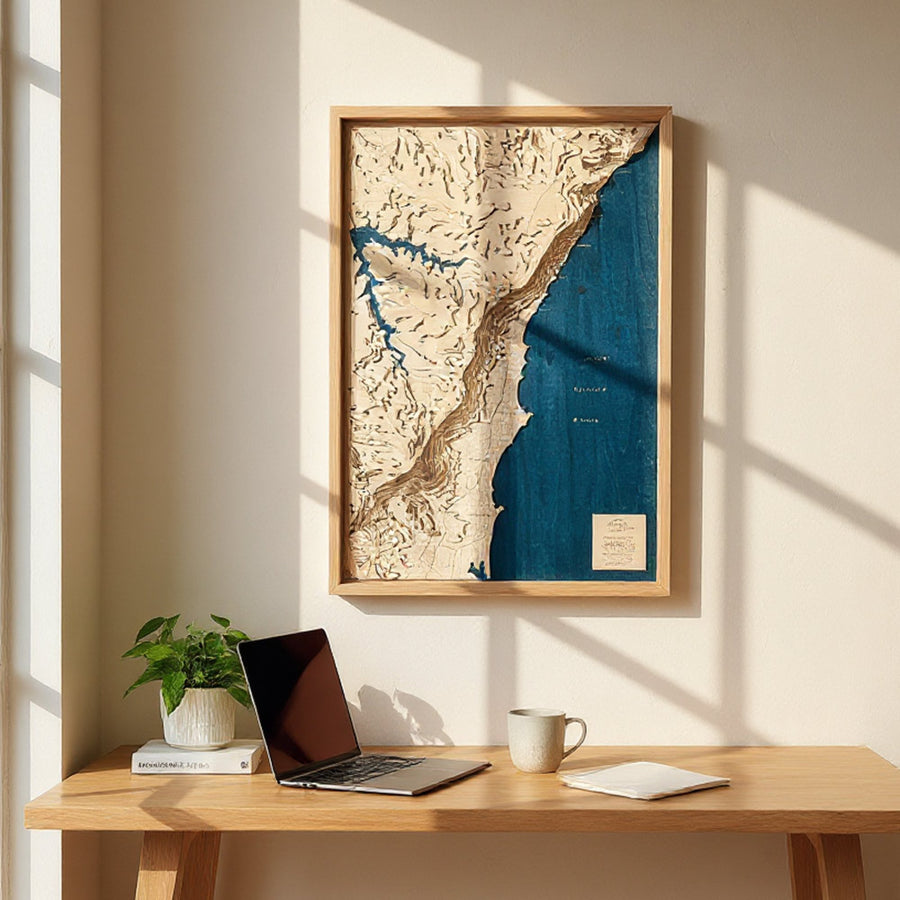 Lifestyle image of a framed wooden map of Thirroul NSW