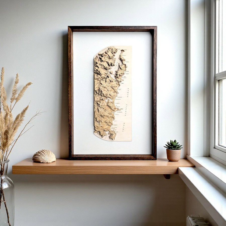 Beautiful custom wooden contour map on a shelf