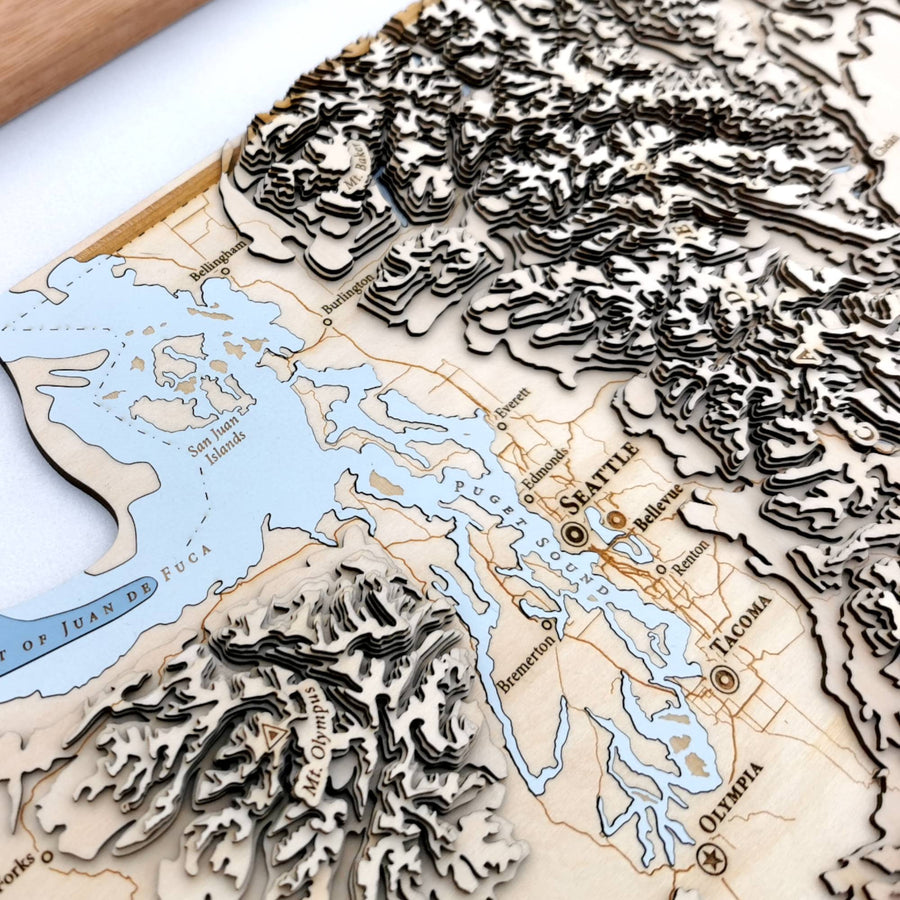 seattle and puget sound of washington state on a terrain map