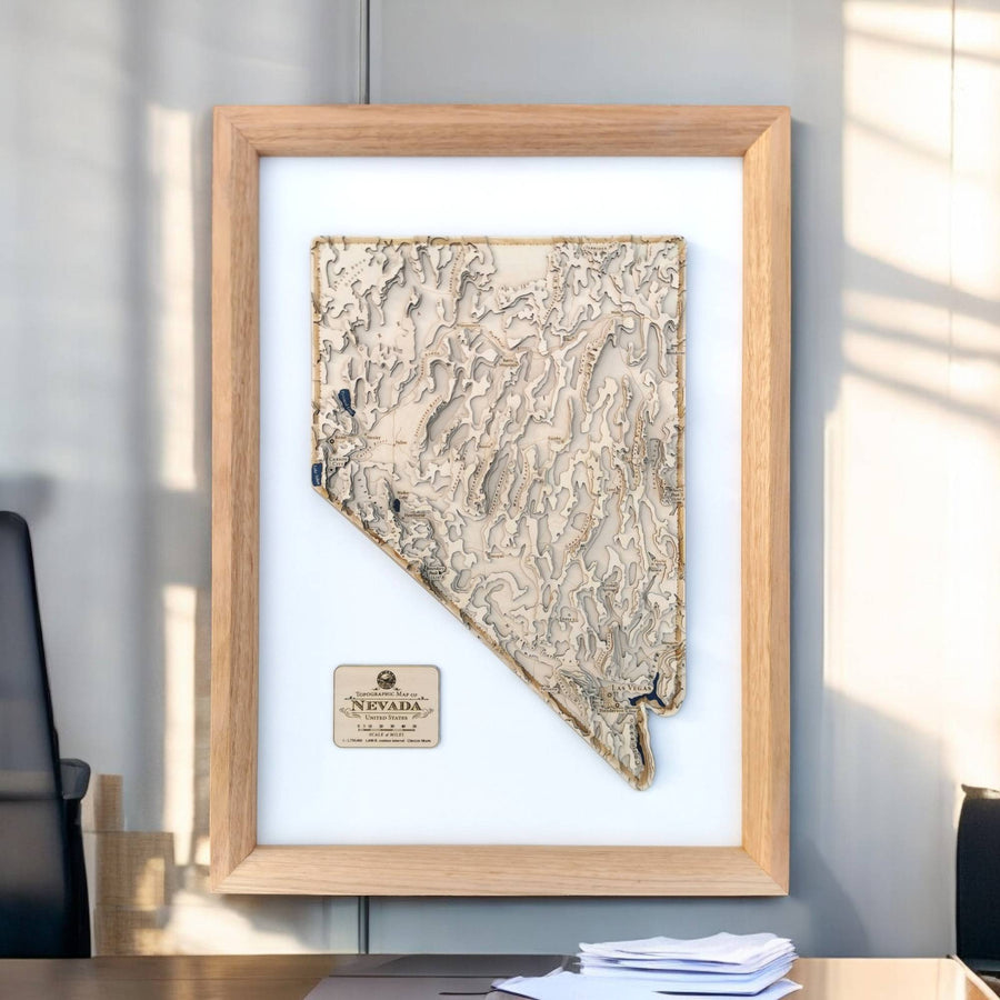 3D carved map art of nevada in an office setting