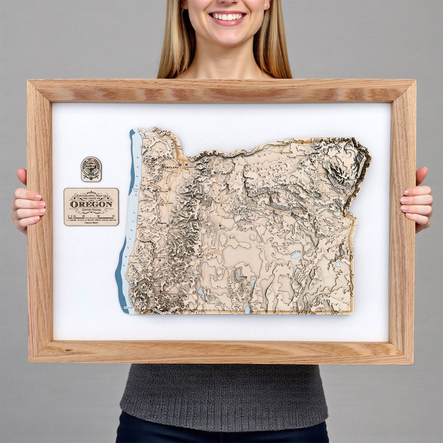 Framed wooden topographic map of Oregon, USA