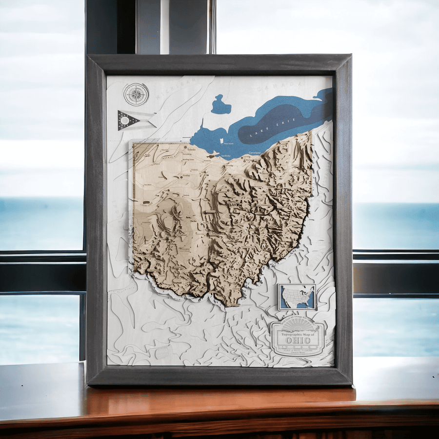 Topographic contour map art of Ohio state featuring columbus and cincinnati