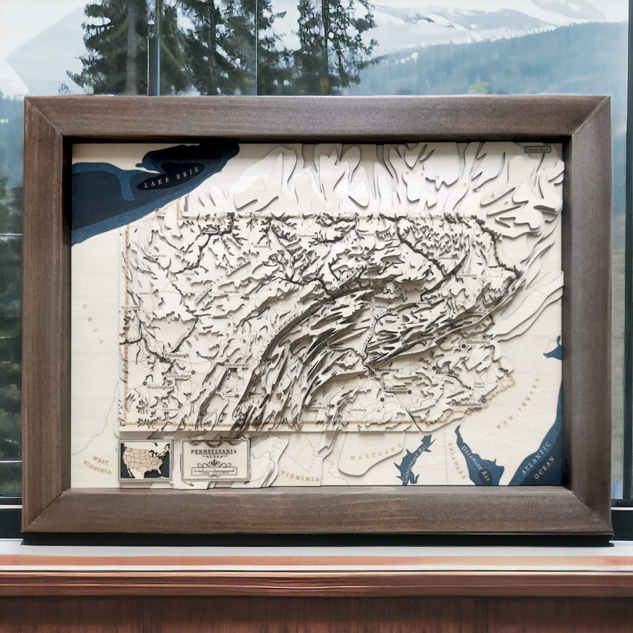 Pennsylvania Wooden Handcrafted and Laser cut topographic map featuring the whole state and neighboring states within a wooden frame