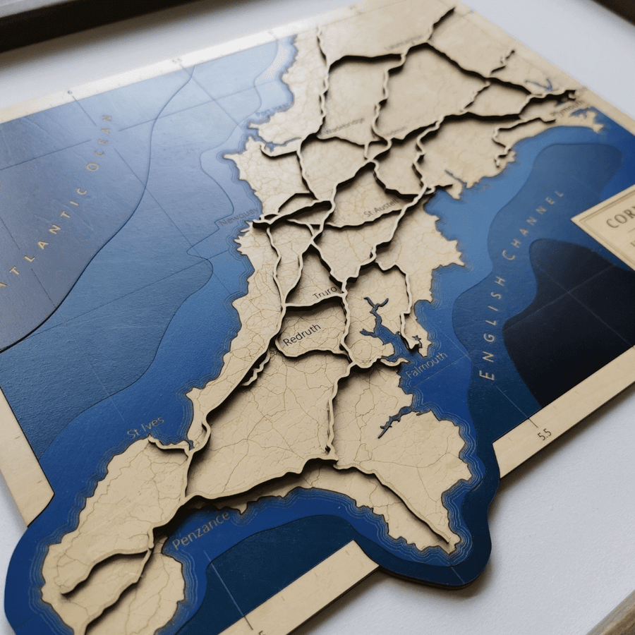 Cornwall UK Varnish Wood Map showing the coastline, bathymetry, and roads.