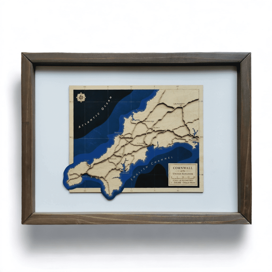 Cornwall United Kingdom Map Art Made of Wood in a brown pine frame