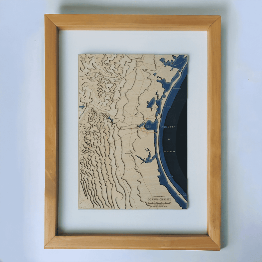 Wooden Topographic Map Of Corpus Christi Of Texas USA, It Shows the gulf of mexico and south padre island