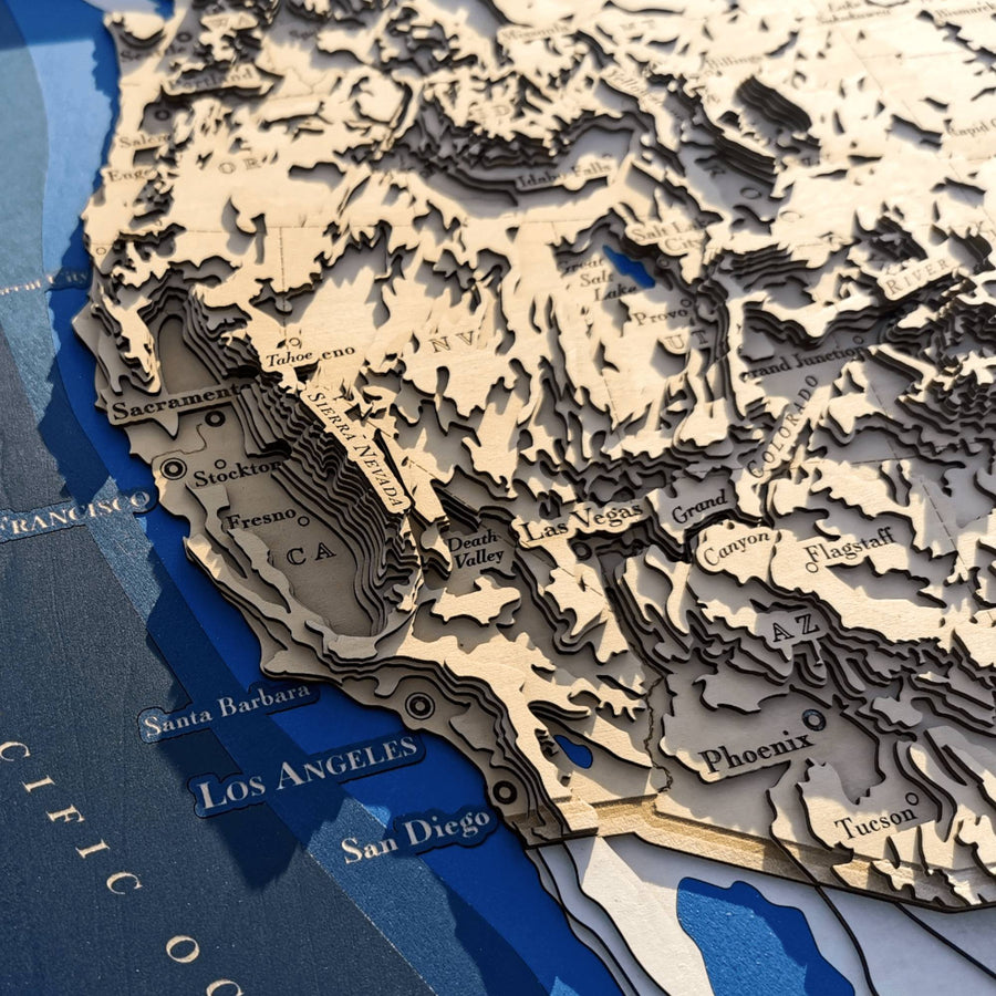 Topographic Contour Map of California and Nevada, featuring Death Valley, Las Vegas, and Los Angeles