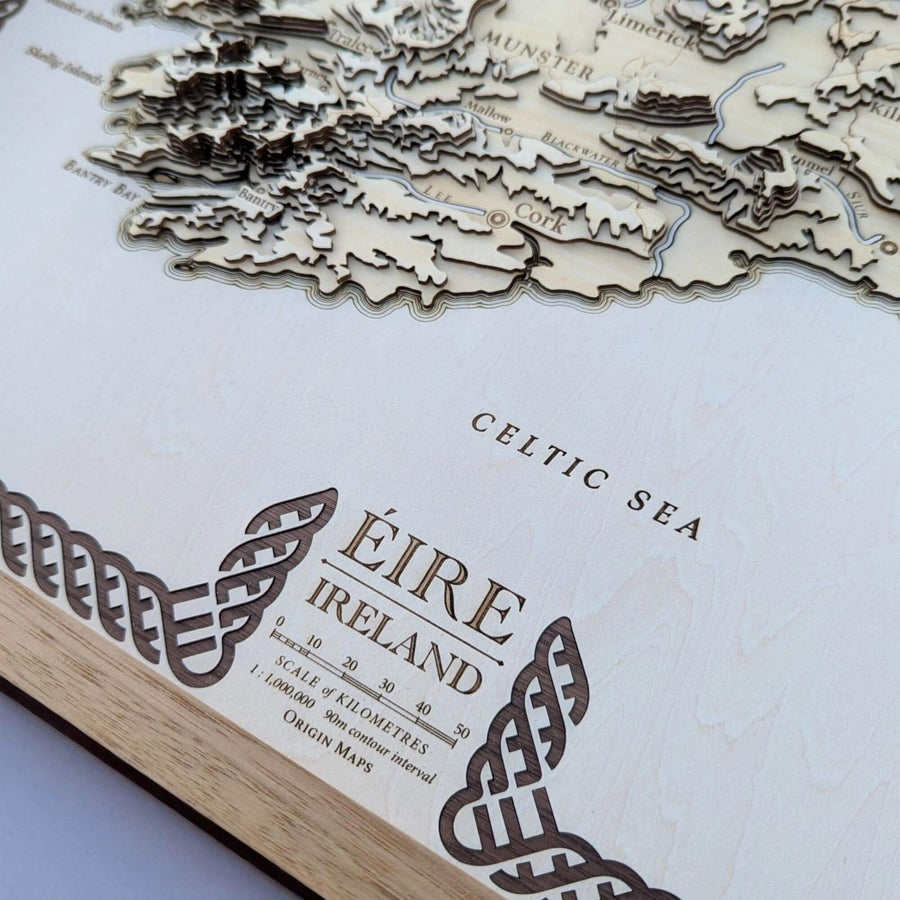 Wooden map art of Ireland with detailed topography and 'Celtic Sea' text.