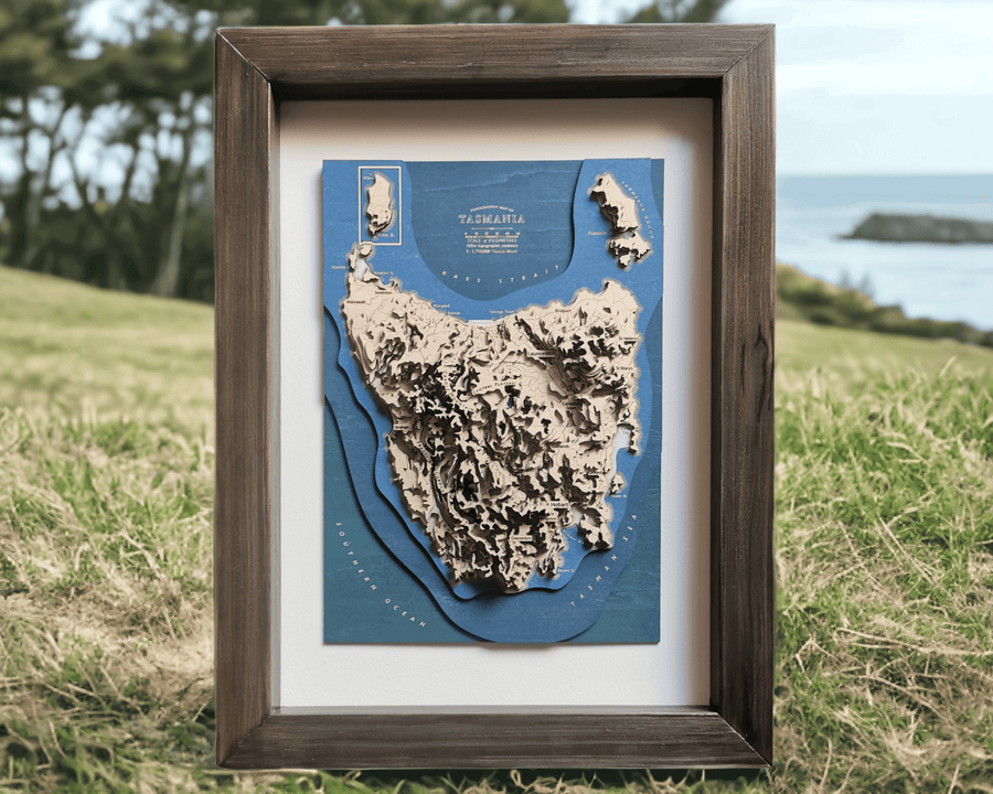 Tasmania australia wooden topographic map art framed sitting in a grassy field