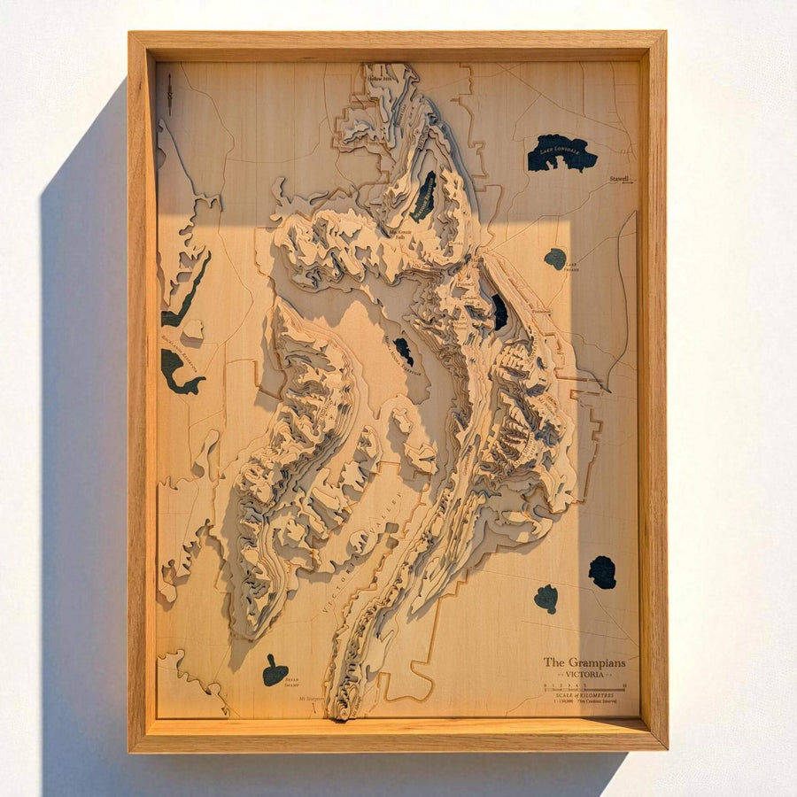 The Grampians National Park as seen on a wooden topographic map