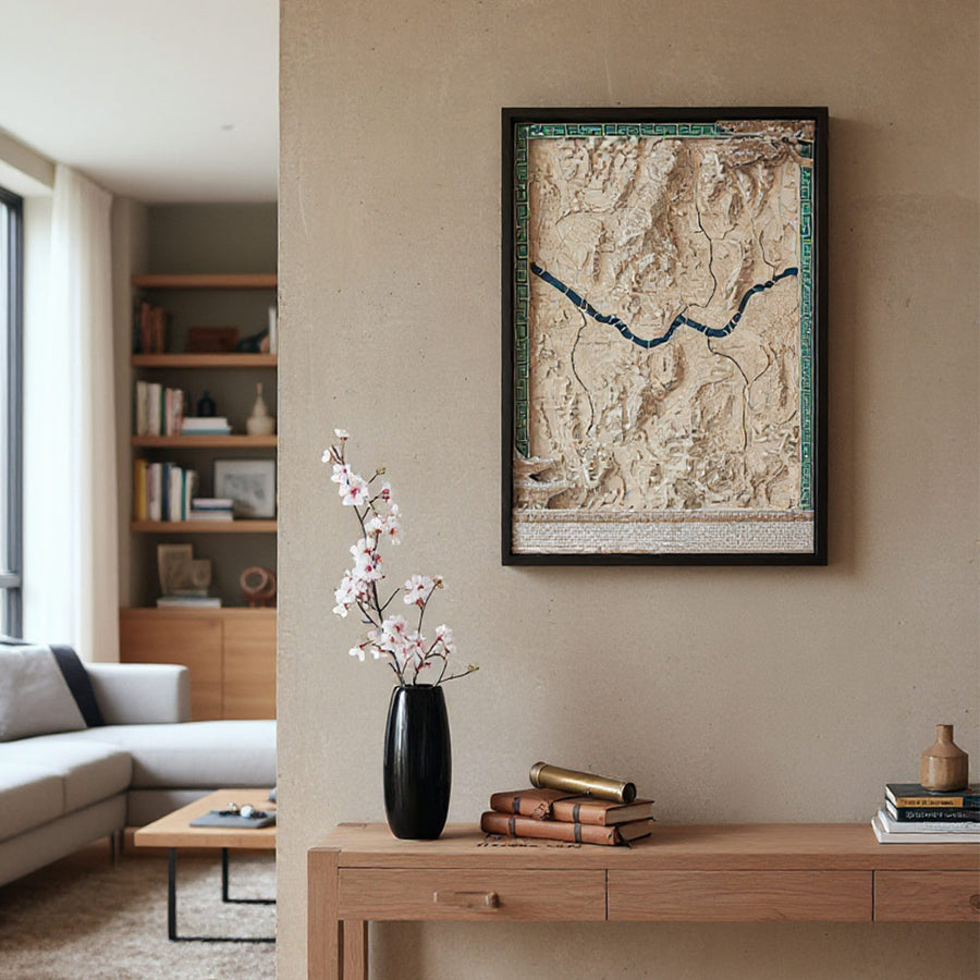 Framed 3d contour map art in a living room