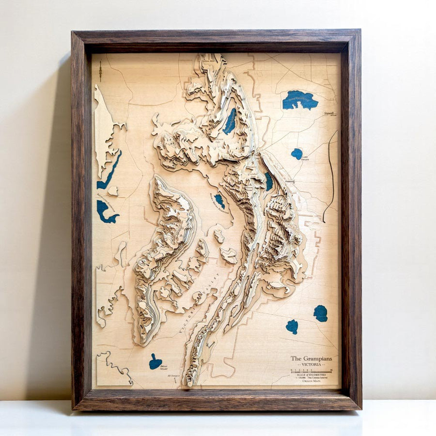 Grampians of Victoria Australia shown on a wooden topographic map