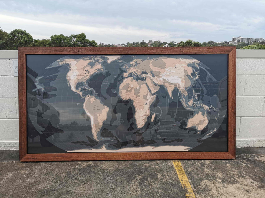 Framed topographic contour world map