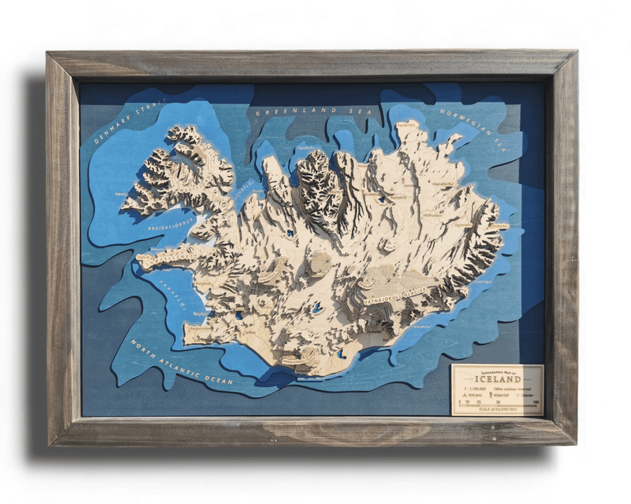 product image of a wooden topographic framed 3d map of Iceland