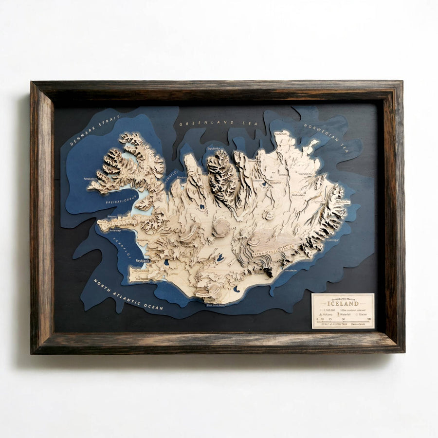 Laser cut wooden map art of Iceland with contours