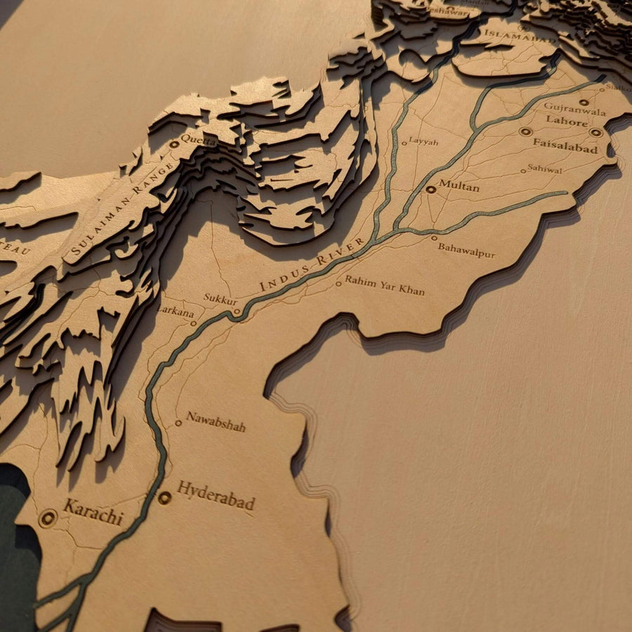 Wooden 3D map of Pakistan with cut-out regions
