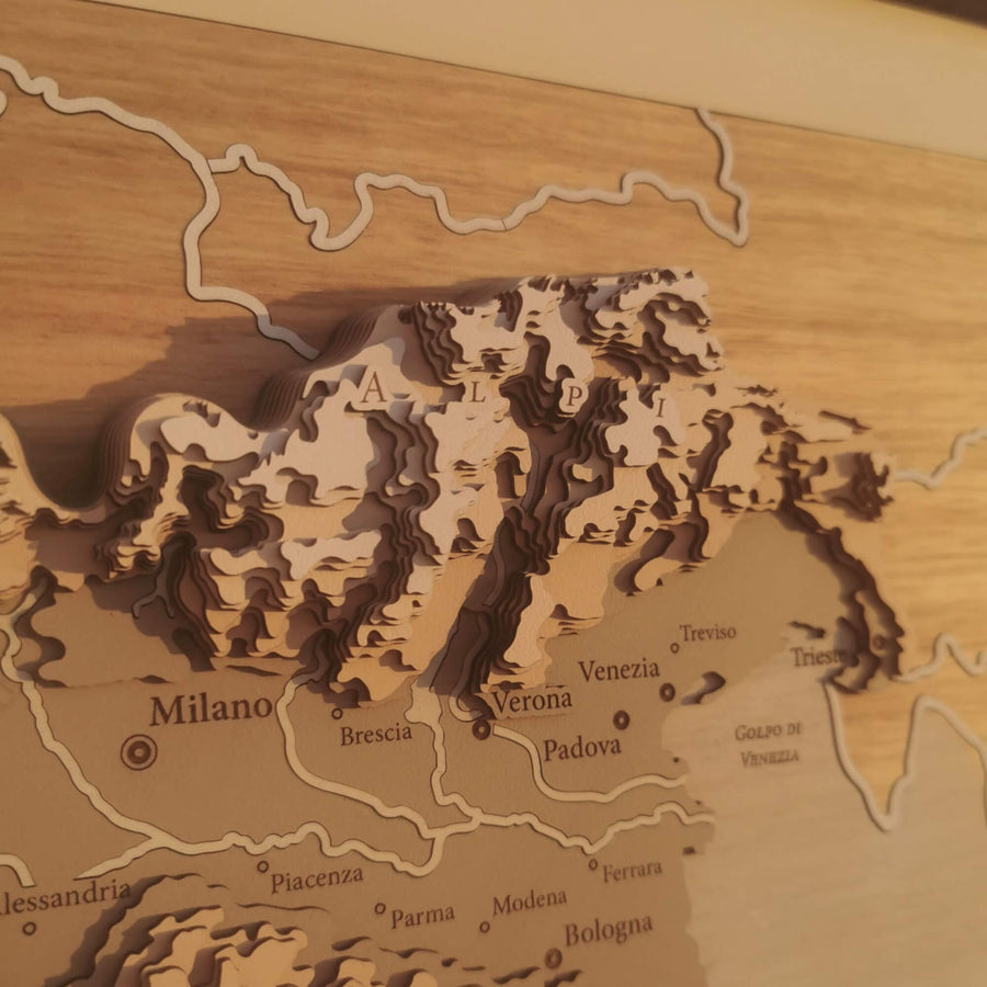 Alps of Italy on a 3d carved contour map