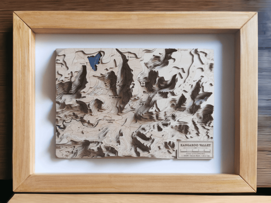 Kangaroo Valley NSW Wooden Topographic Contour Map Art In A Maple Wooden Frame