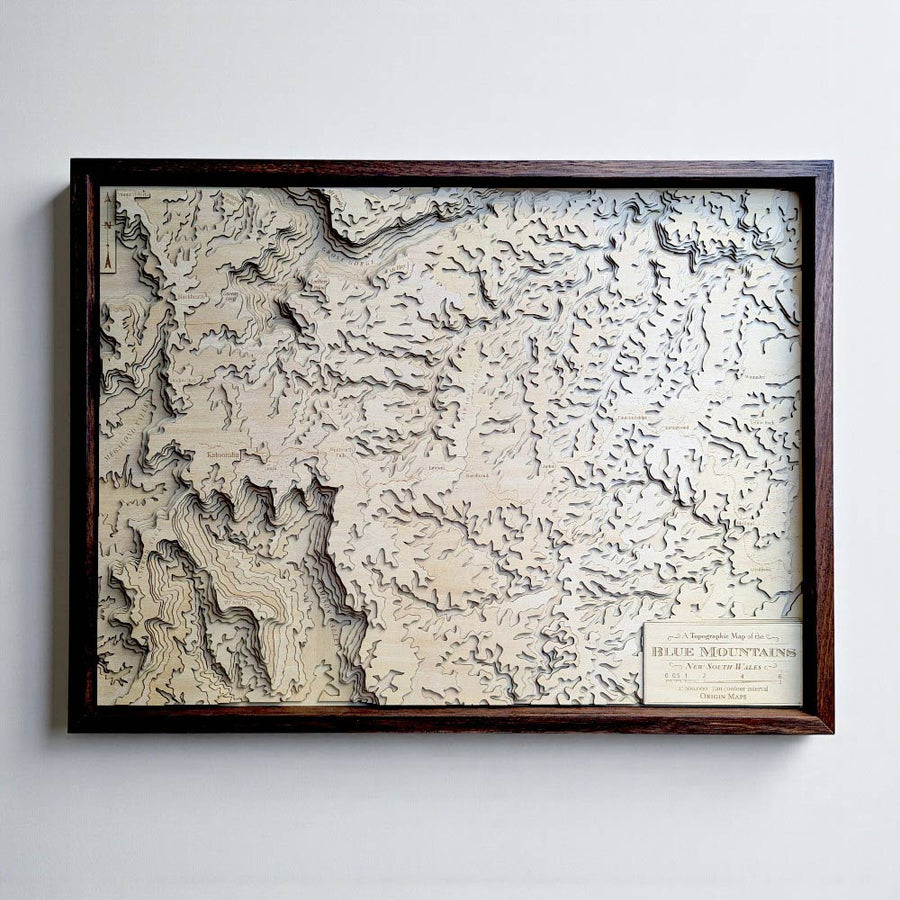 Framed Wooden Map art of the Blue Mountains National Park
