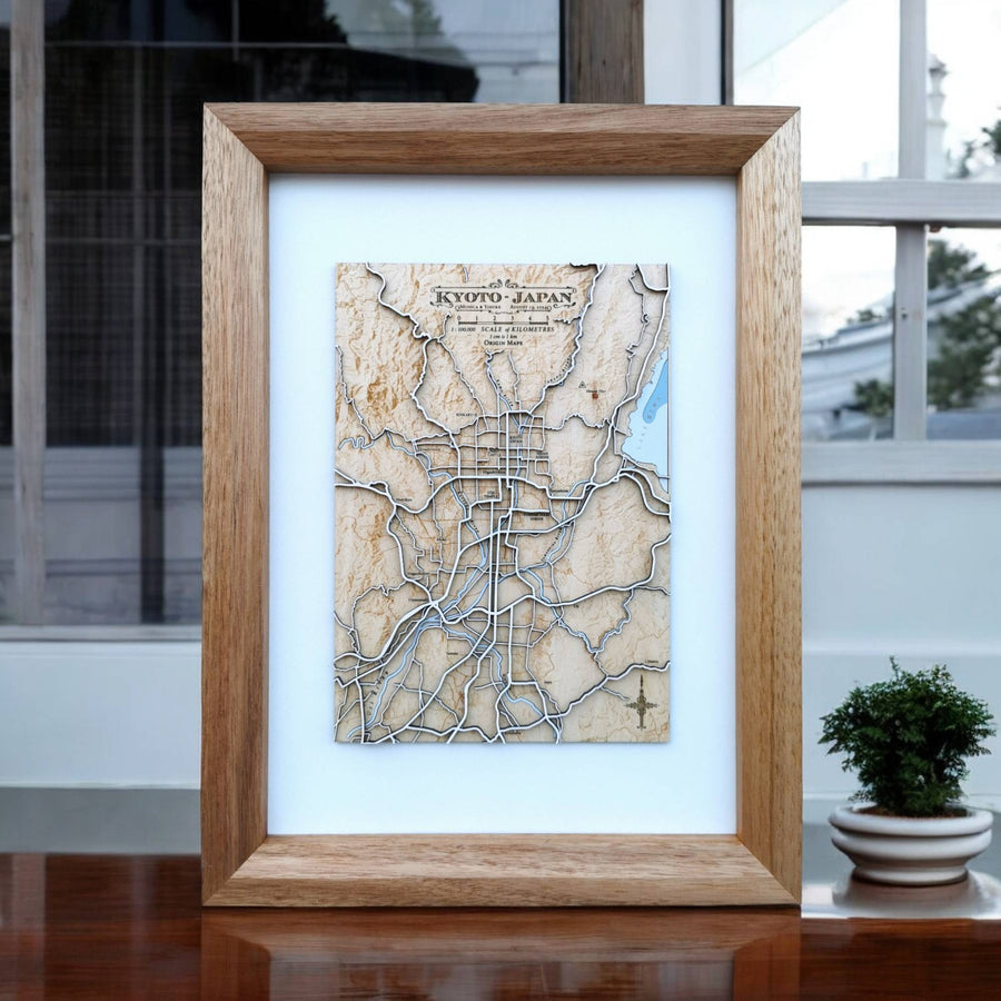 Kyoto Japan wooden relief map in a wooden frame